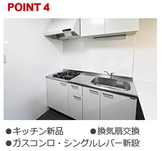 POINT4:キッチン新品、換気扇交換、ガスコンロ・シングルレバー新設